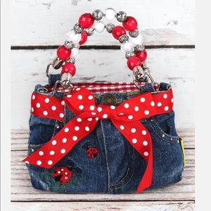 Mini Denim Jeans Bag w/Beaded Handles